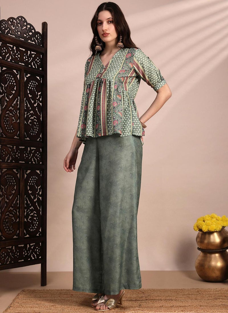 Globus Women Green Ethnic Print V-Neck Gathered Detail Tunic & Mid Rise Wide Leg Trouser Fusion Co-Ord Set - Image 3